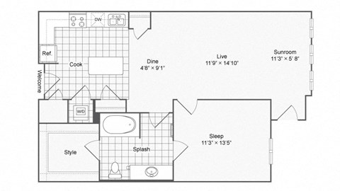 Floor plan for 1 bed, 1 bath, 794 sqft